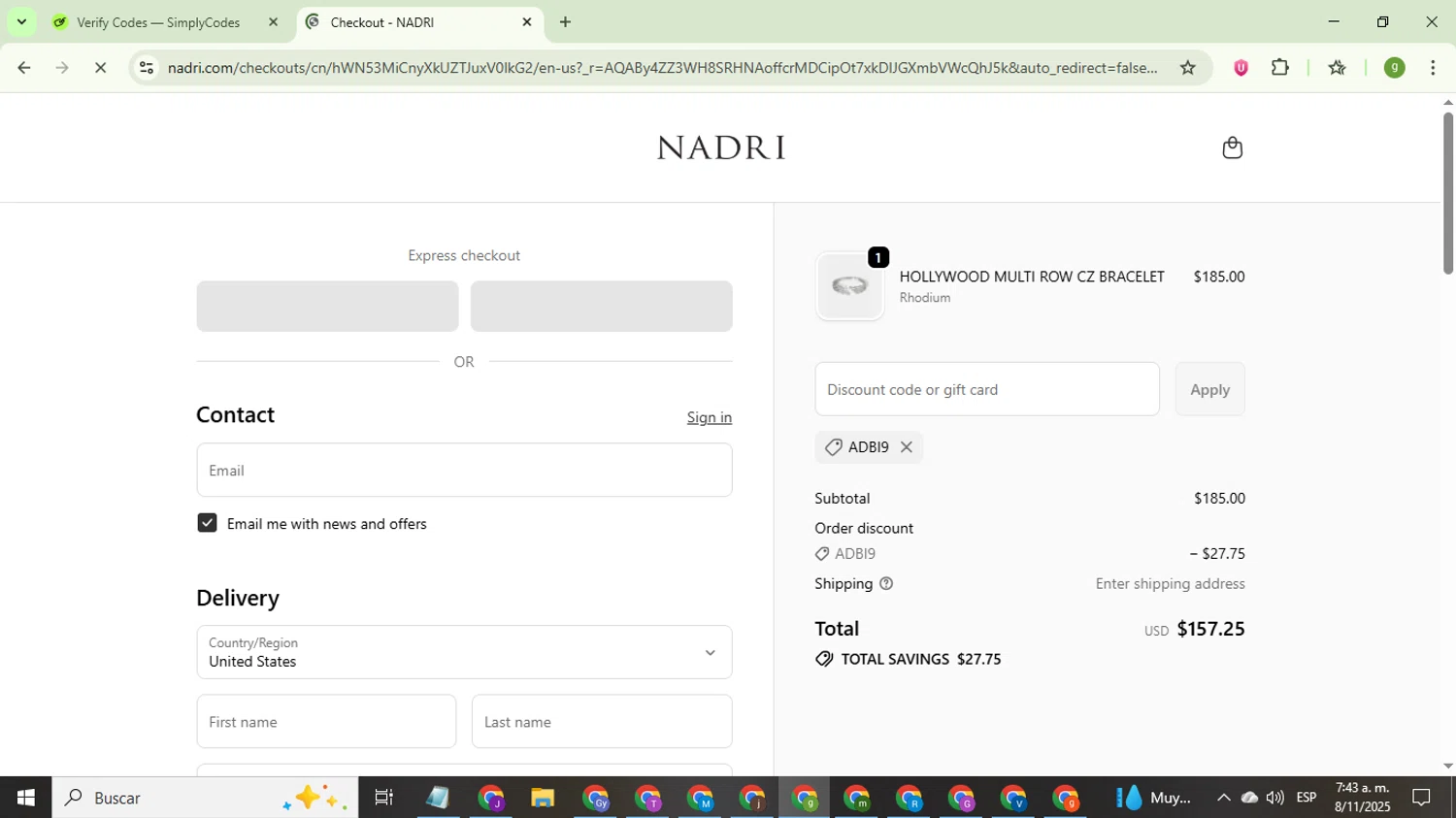 Nadri Jewelry promo code screenshot showing code ADBI9 applied at Nadri Jewelry checkout page. Uploaded by SimplyCodes community member ValiantMaestro6680 on Nov 8, 2025