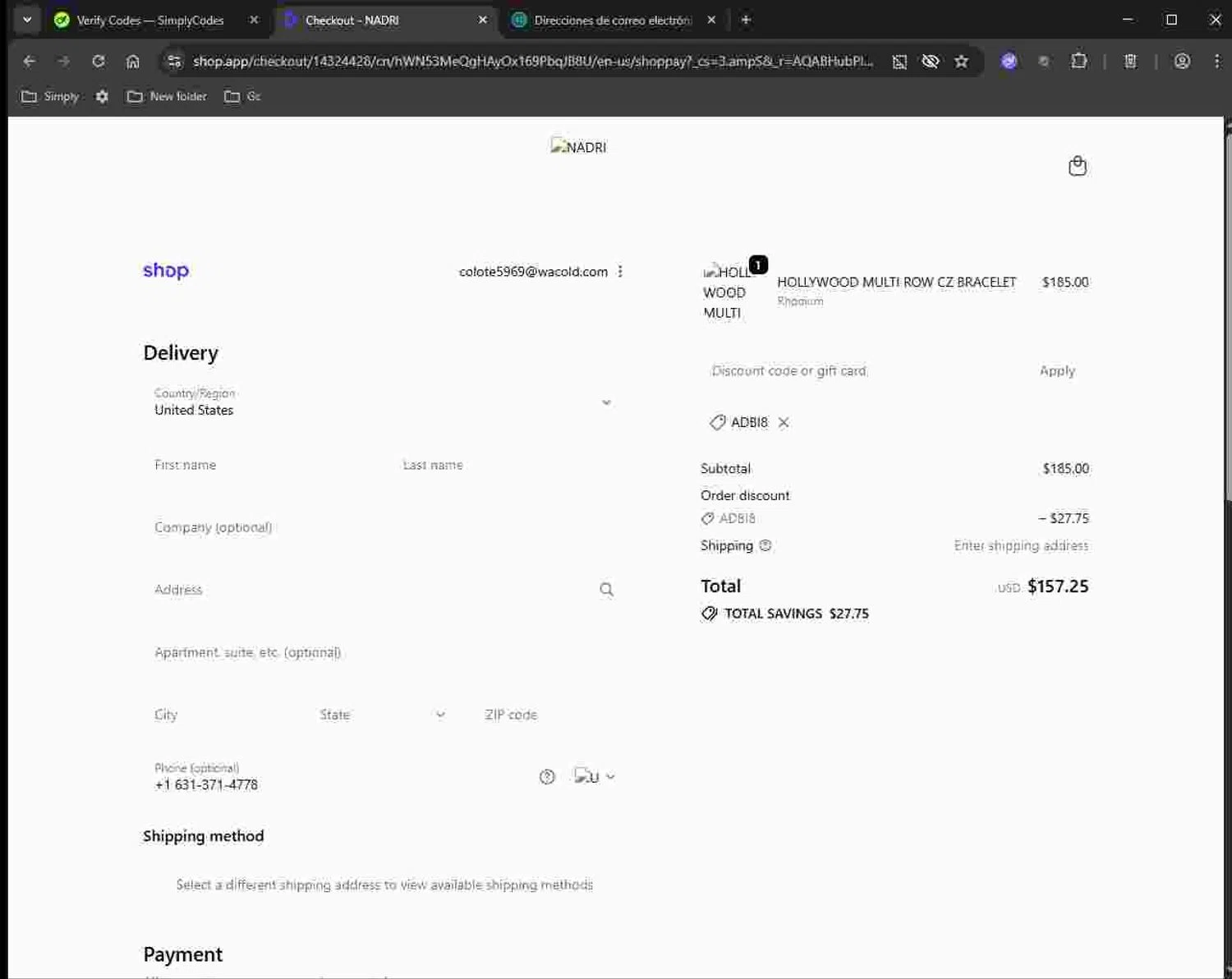 Nadri Jewelry promo code screenshot showing code ADBI8 applied at Nadri Jewelry checkout page. Uploaded by SimplyCodes community member Deadpool on Nov 8, 2025