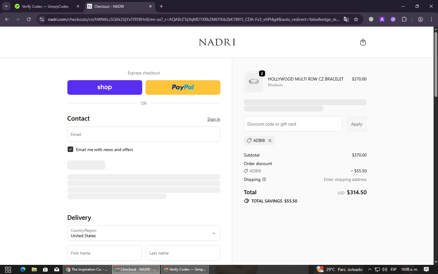 Nadri Jewelry promo code screenshot showing code ADBI8 applied at Nadri Jewelry checkout page. Uploaded by SimplyCodes community member ShieldPioneer5726 on Dec 12, 2025