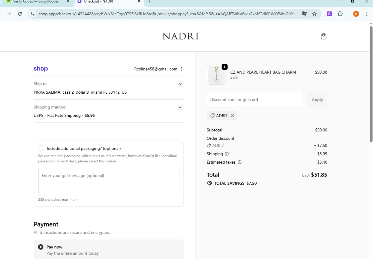 Nadri Jewelry promo code screenshot showing code ADBI7 applied at Nadri Jewelry checkout page. Uploaded by SimplyCodes community member VictoriousSentinel2155 on Dec 12, 2025