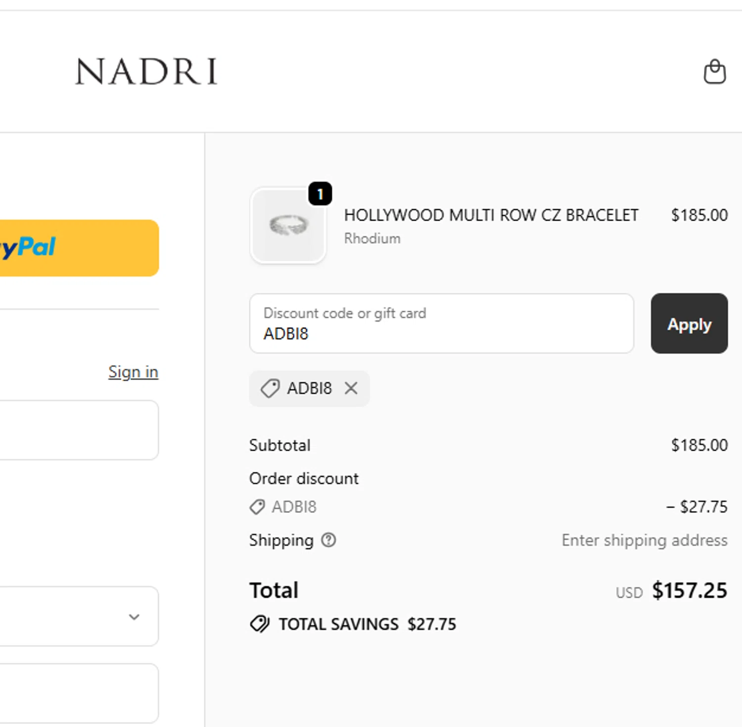 Nadri Jewelry promo code screenshot showing code ADBI8 applied at Nadri Jewelry checkout page. Uploaded by SimplyCodes community member Mileidy on Oct 15, 2025