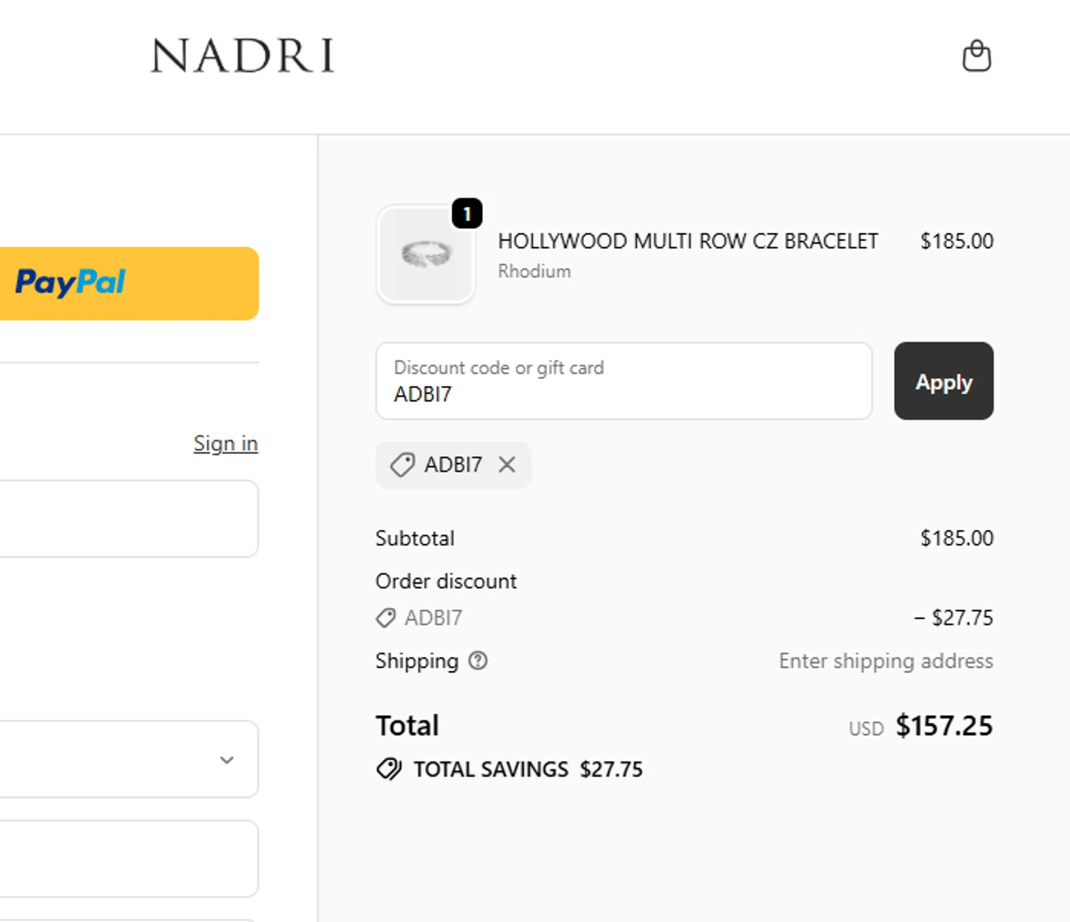 Nadri Jewelry promo code screenshot showing code ADBI7 applied at Nadri Jewelry checkout page. Uploaded by SimplyCodes community member Mileidy on Oct 15, 2025