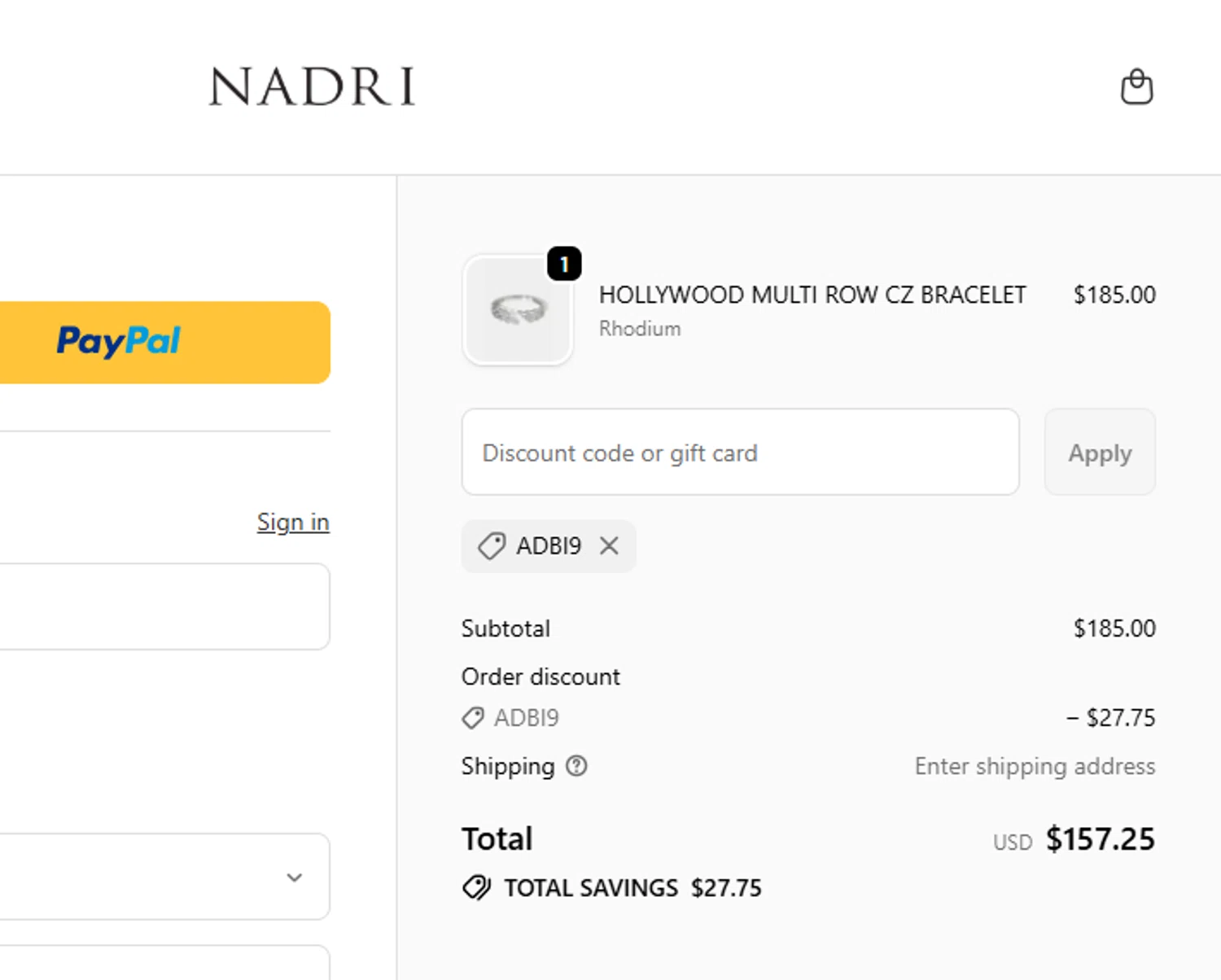 Nadri Jewelry promo code screenshot showing code ADBI9 applied at Nadri Jewelry checkout page. Uploaded by SimplyCodes community member Mileidy on Oct 15, 2025