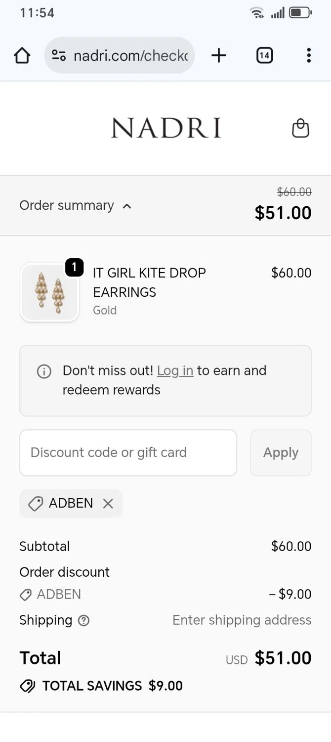 Nadri Jewelry promo code screenshot showing code ADBEN applied at Nadri Jewelry checkout page. Uploaded by SimplyCodes community member franksanchez on Jan 2, 2026