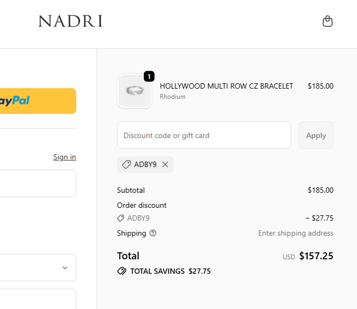 Nadri Jewelry promo code screenshot showing code ADBY9 applied at Nadri Jewelry checkout page. Uploaded by SimplyCodes community member yeresojperez on Oct 15, 2025