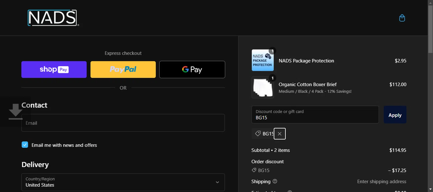 NAD'S discount code screenshot showing code BG15 applied at NAD'S checkout page. Uploaded by SimplyCodes community member 111111 on Dec 11, 2024