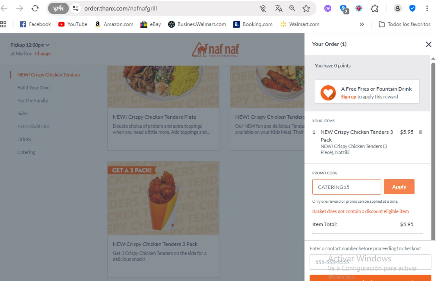 Naf Naf Grill promo code screenshot showing code CATERING15 applied at Naf Naf Grill checkout page. Uploaded by SimplyCodes community member FrancyB on Aug 28, 2025