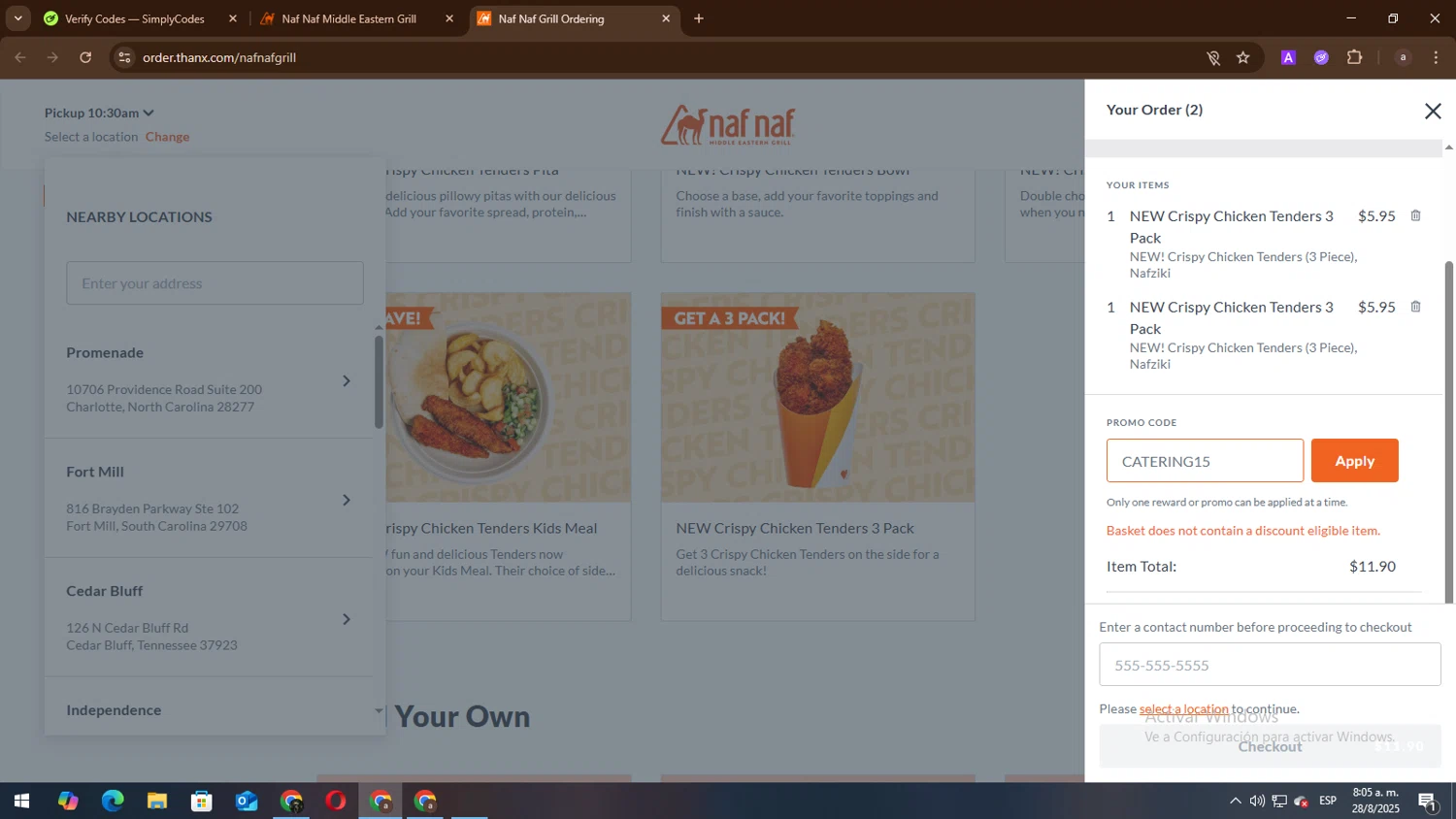 Naf Naf Grill promo code screenshot showing code CATERING15 applied at Naf Naf Grill checkout page. Uploaded by SimplyCodes community member lisandro on Aug 28, 2025