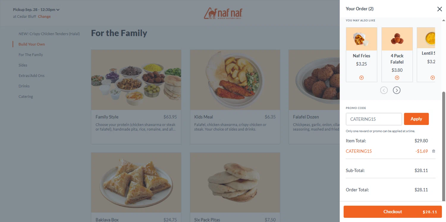 Naf Naf Grill promo code screenshot showing code CATERING15 applied at Naf Naf Grill checkout page. Uploaded by SimplyCodes community member renegul on Sep 26, 2025