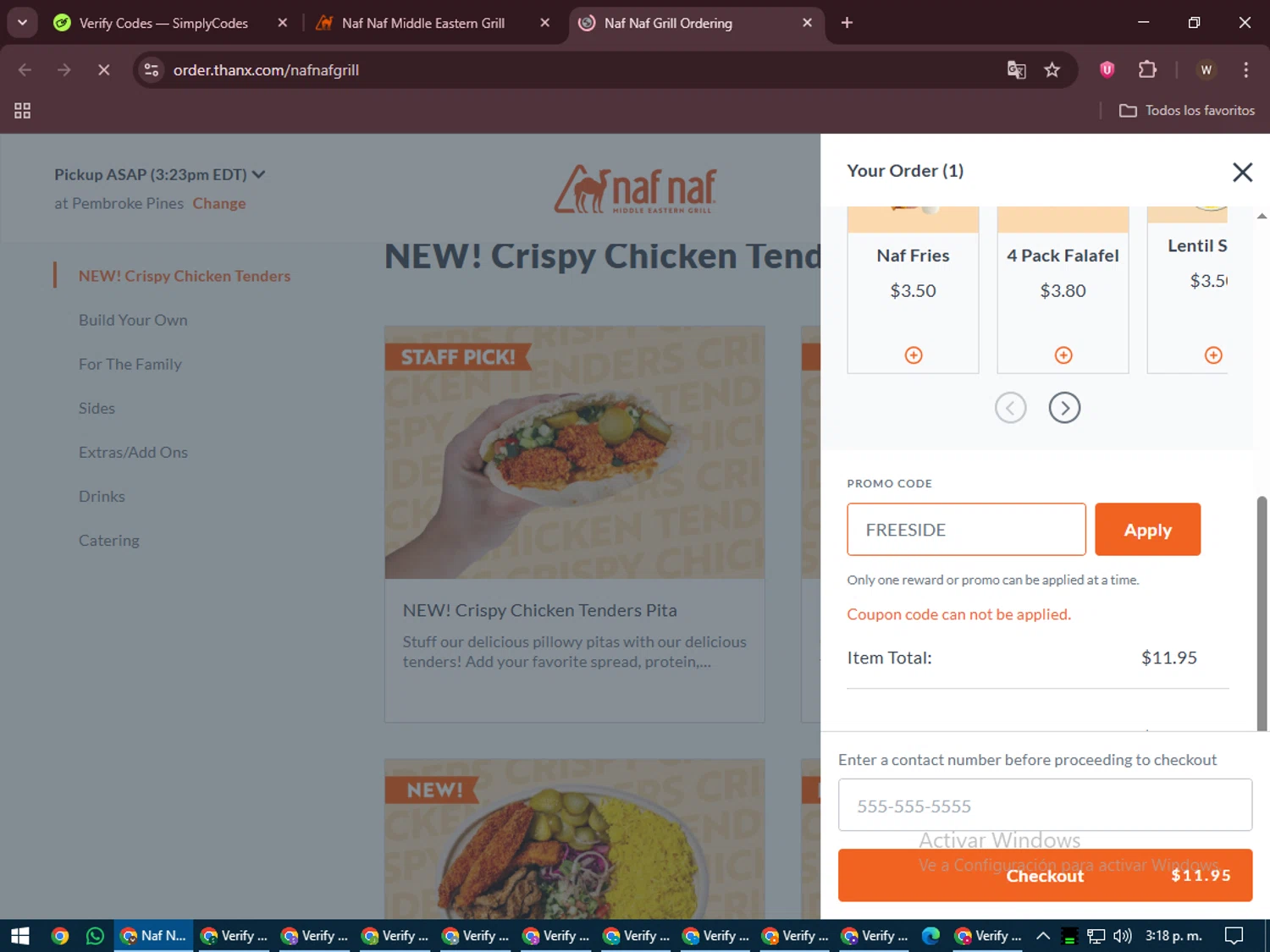 Naf Naf Grill promo code screenshot showing code FREESIDE applied at Naf Naf Grill checkout page. Uploaded by SimplyCodes community member DealMaestro2101 on Jun 25, 2025