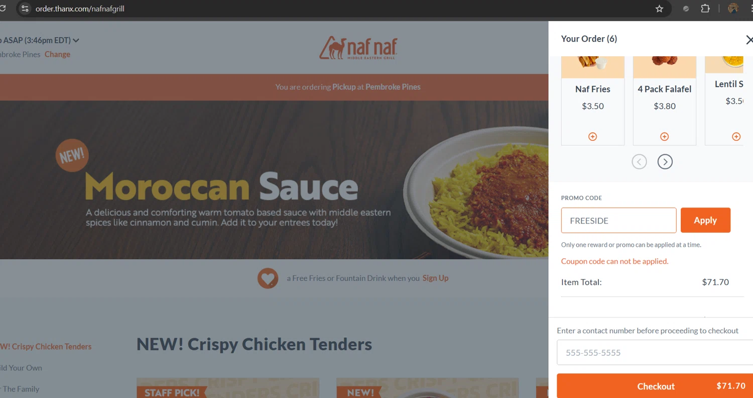 Naf Naf Grill promo code screenshot showing code FREESIDE applied at Naf Naf Grill checkout page. Uploaded by SimplyCodes community member Gray_75 on Jun 25, 2025