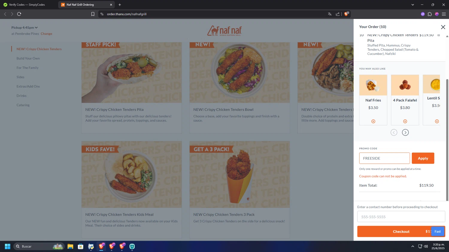 Naf Naf Grill promo code screenshot showing code FREESIDE applied at Naf Naf Grill checkout page. Uploaded by SimplyCodes community member HUMANIZER on Jun 25, 2025