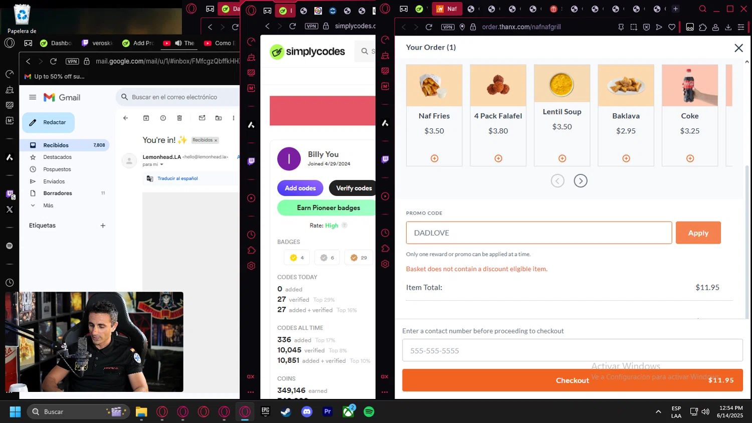 Naf Naf Grill promo code screenshot showing code DADLOVE applied at Naf Naf Grill checkout page. Uploaded by SimplyCodes community member Handivlak on Jun 14, 2025
