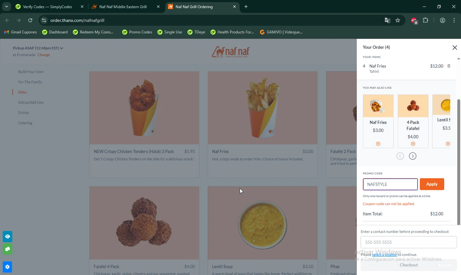 Naf Naf Grill promo code screenshot showing code NAFSTYLE applied at Naf Naf Grill checkout page. Uploaded by SimplyCodes community member LHaunter on Dec 1, 2025
