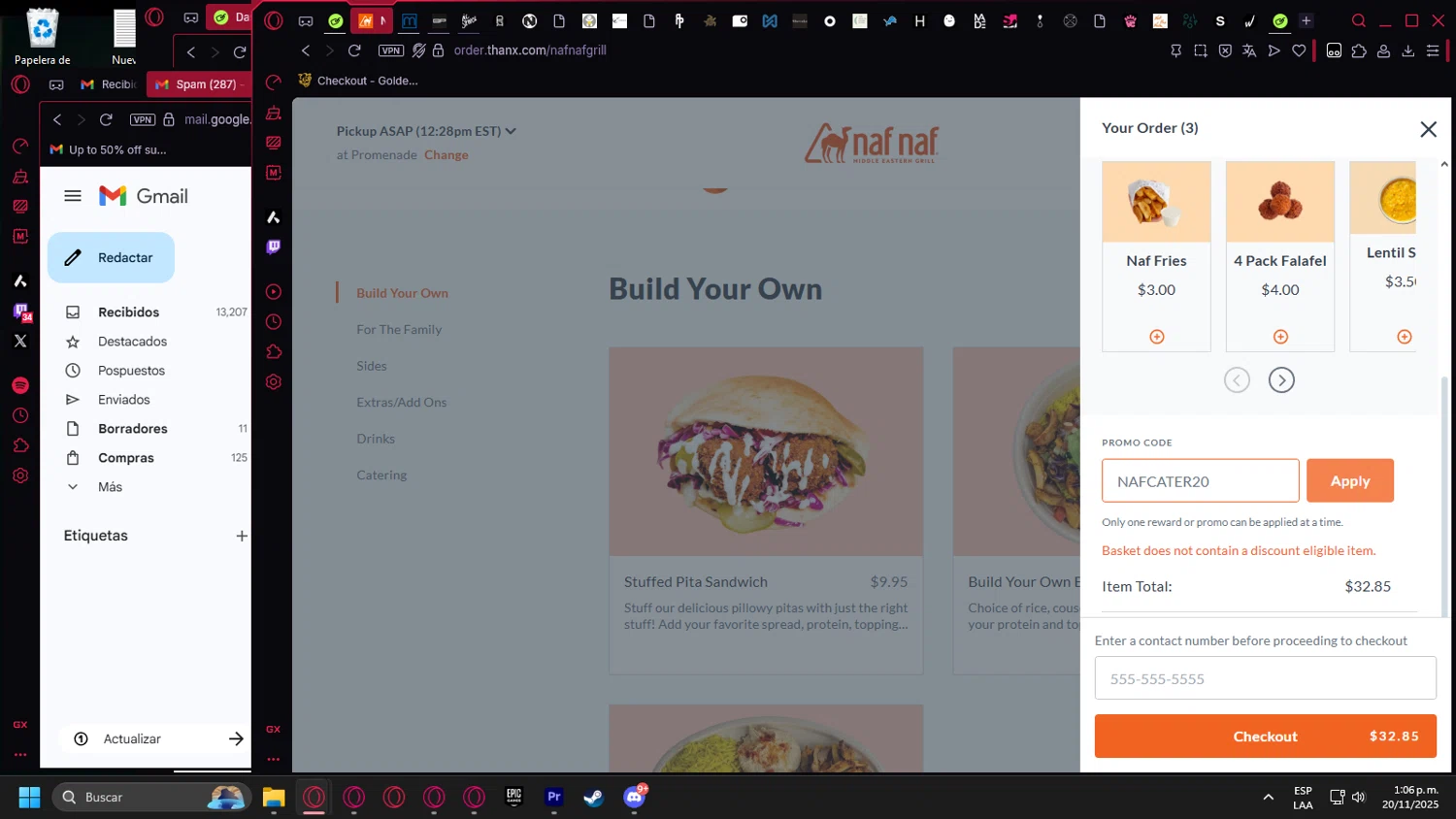 Naf Naf Grill promo code screenshot showing code NAFCATER20 applied at Naf Naf Grill checkout page. Uploaded by SimplyCodes community member Billyyou on Nov 20, 2025