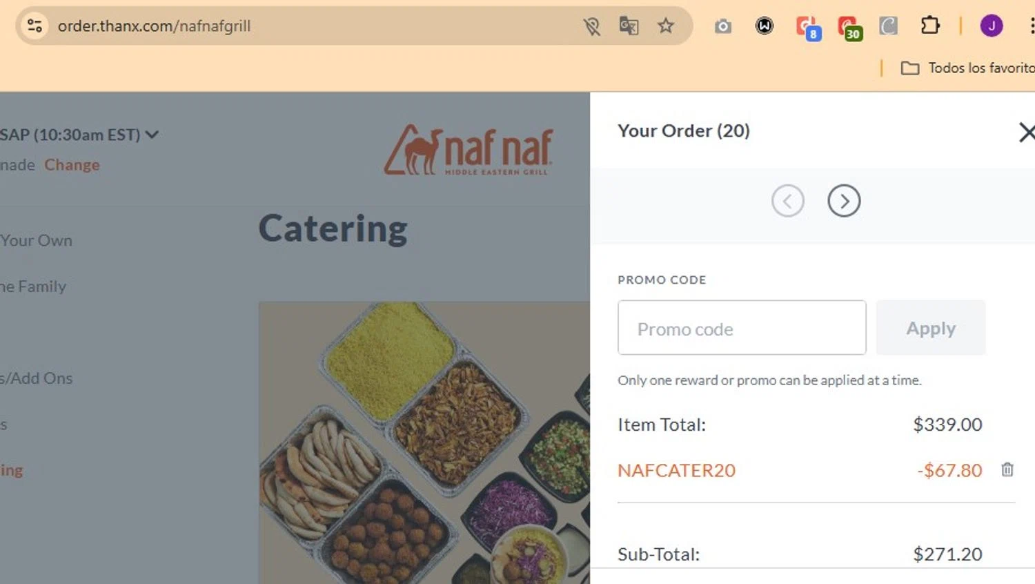 Naf Naf Grill promo code screenshot showing code NAFCATER20 applied at Naf Naf Grill checkout page. Uploaded by SimplyCodes community member Elcompa on Nov 20, 2025