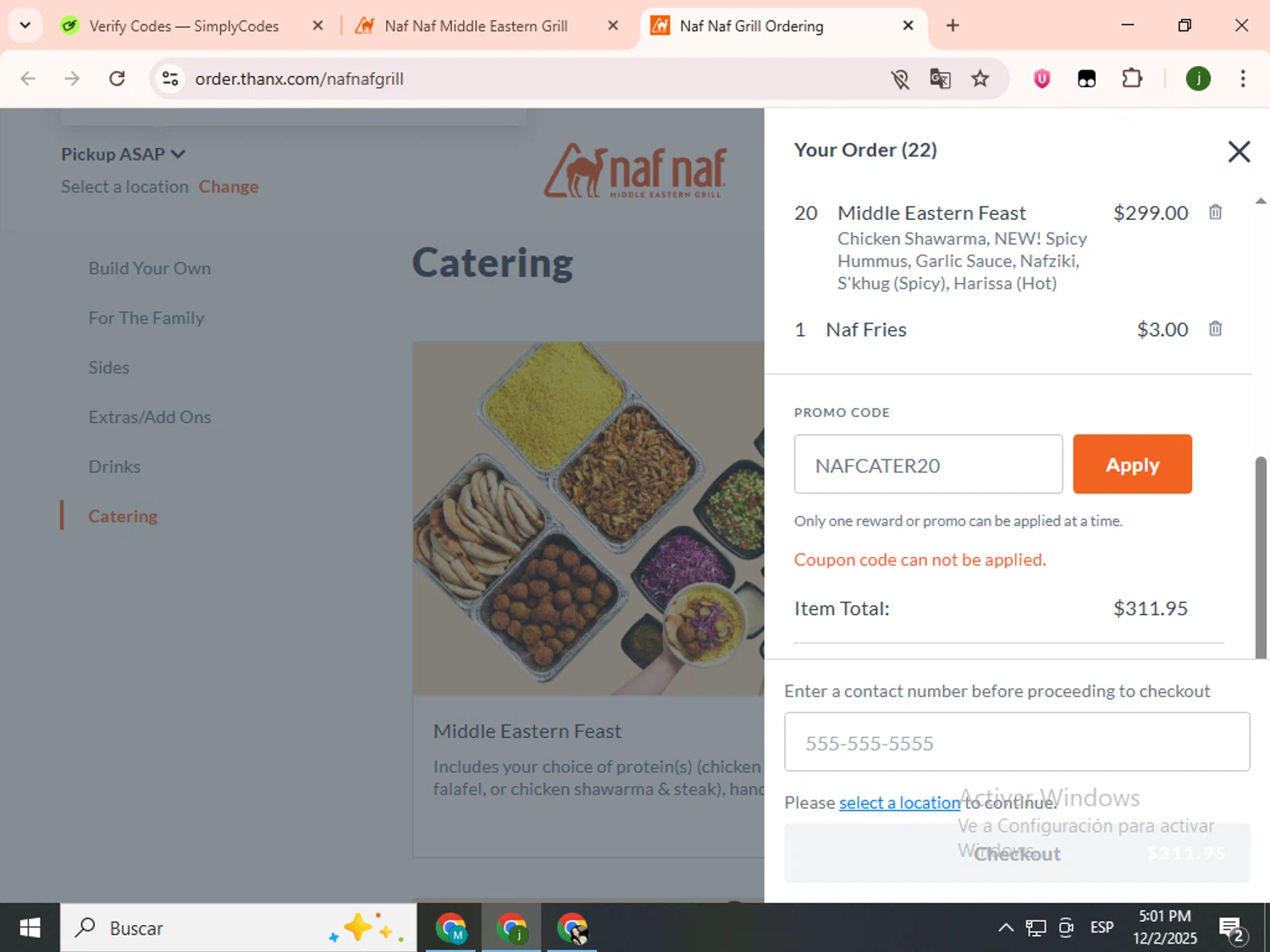 Naf Naf Grill promo code screenshot showing code NAFCATER20 applied at Naf Naf Grill checkout page. Uploaded by SimplyCodes community member SavingsCollector2592 on Dec 2, 2025