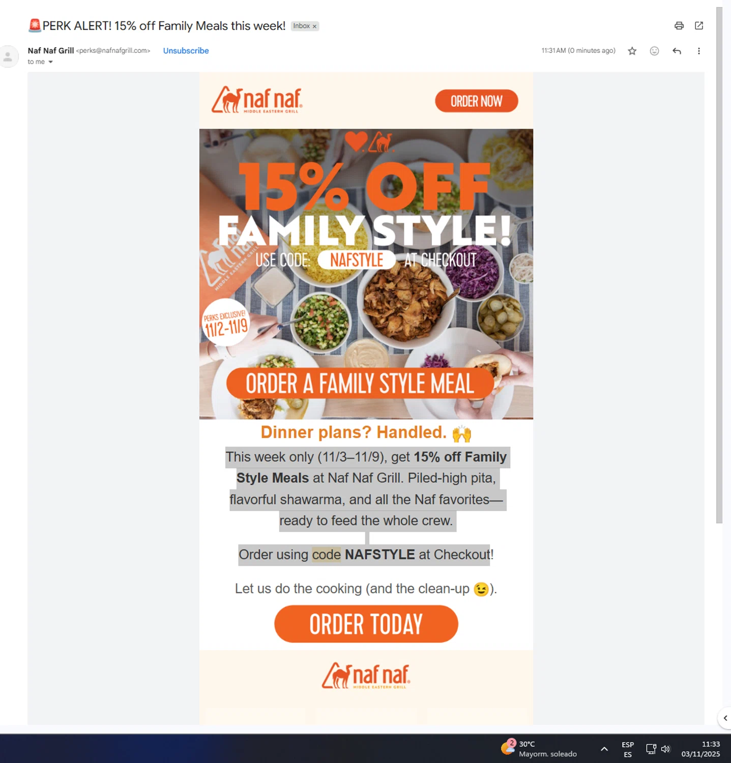 Naf Naf Grill promo code screenshot showing code NAFSTYLE applied at Naf Naf Grill checkout page. Uploaded by SimplyCodes community member UnkNownVnzla on Nov 3, 2025