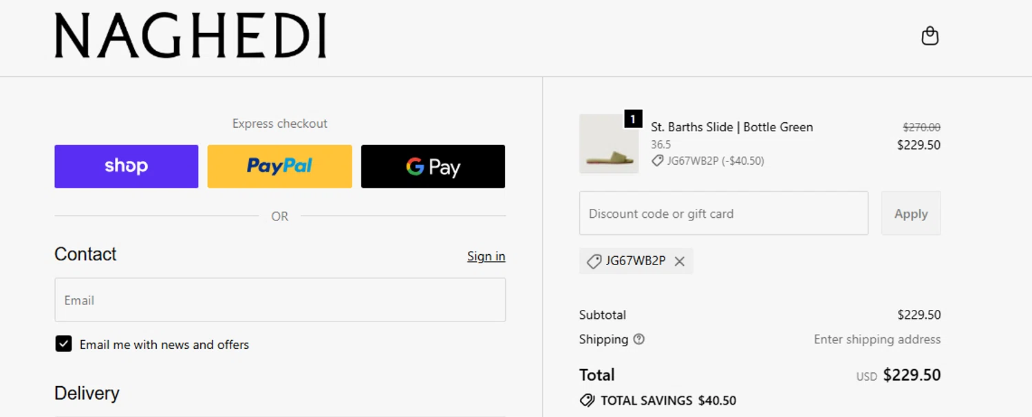 NAGHEDI promo code screenshot showing code JG67WB2P applied at NAGHEDI checkout page. Uploaded by SimplyCodes community member SilverMakeup on Jun 17, 2026