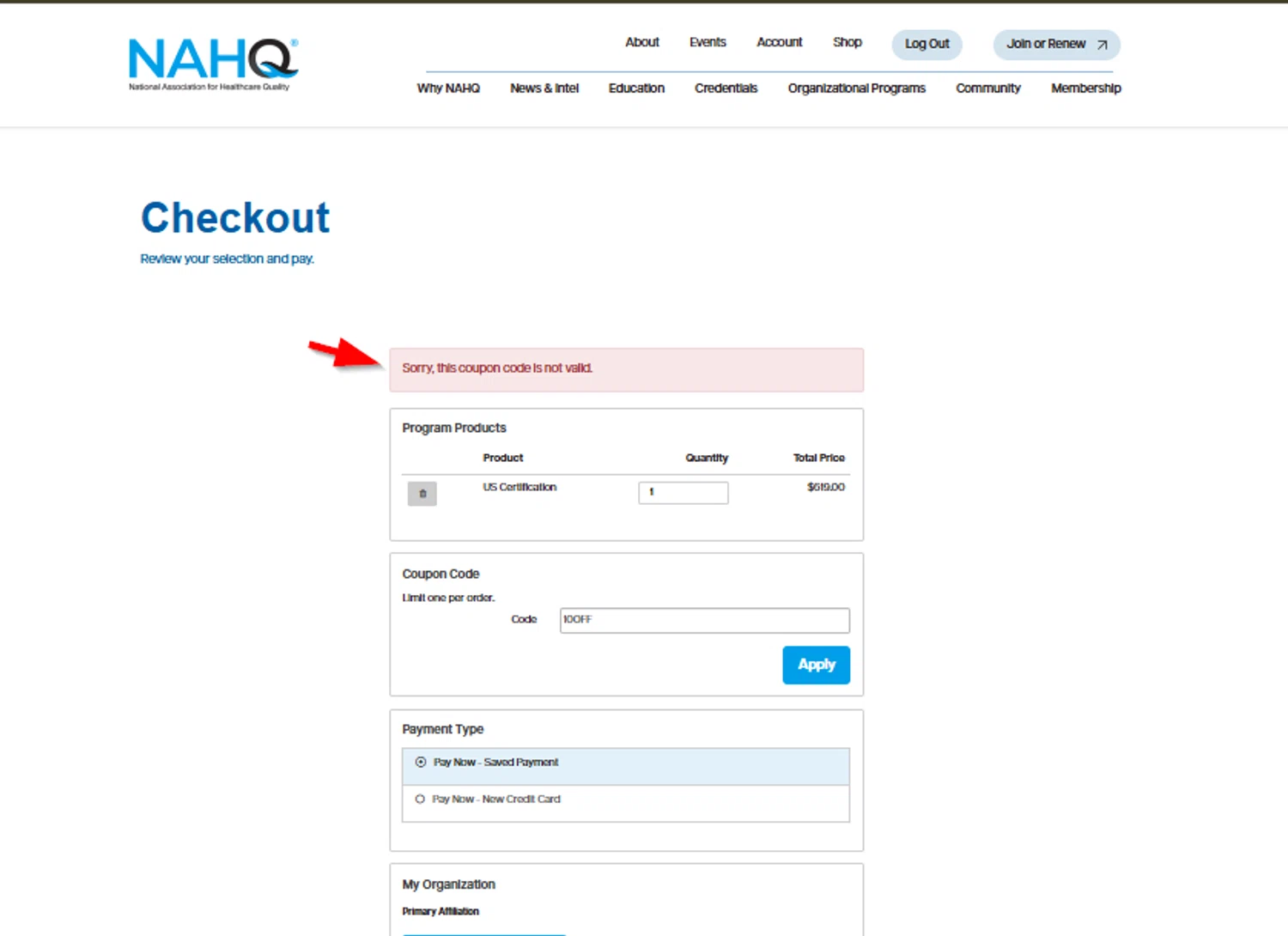 NAHQ coupon code screenshot showing code 10OFF applied at NAHQ checkout page. Uploaded by SimplyCodes community member SimplyCVerlie on Feb 22, 2025