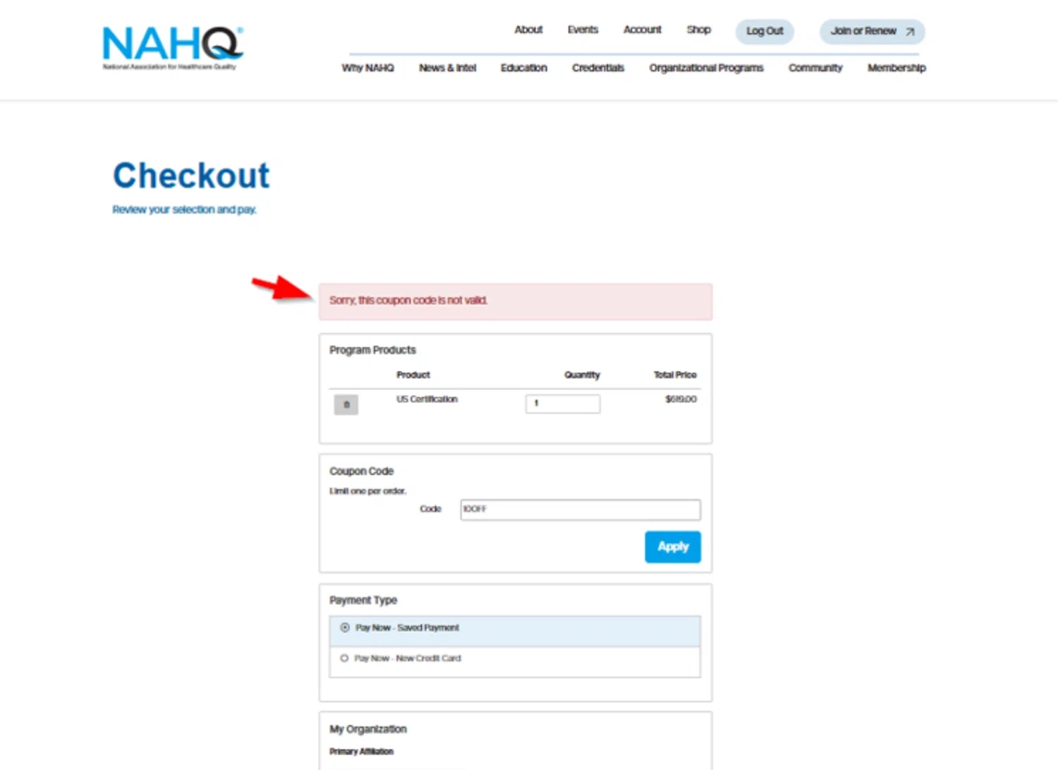 NAHQ coupon code screenshot showing code 10OFF applied at NAHQ checkout page. Uploaded by SimplyCodes community member SimplyCVerlie on Mar 12, 2025