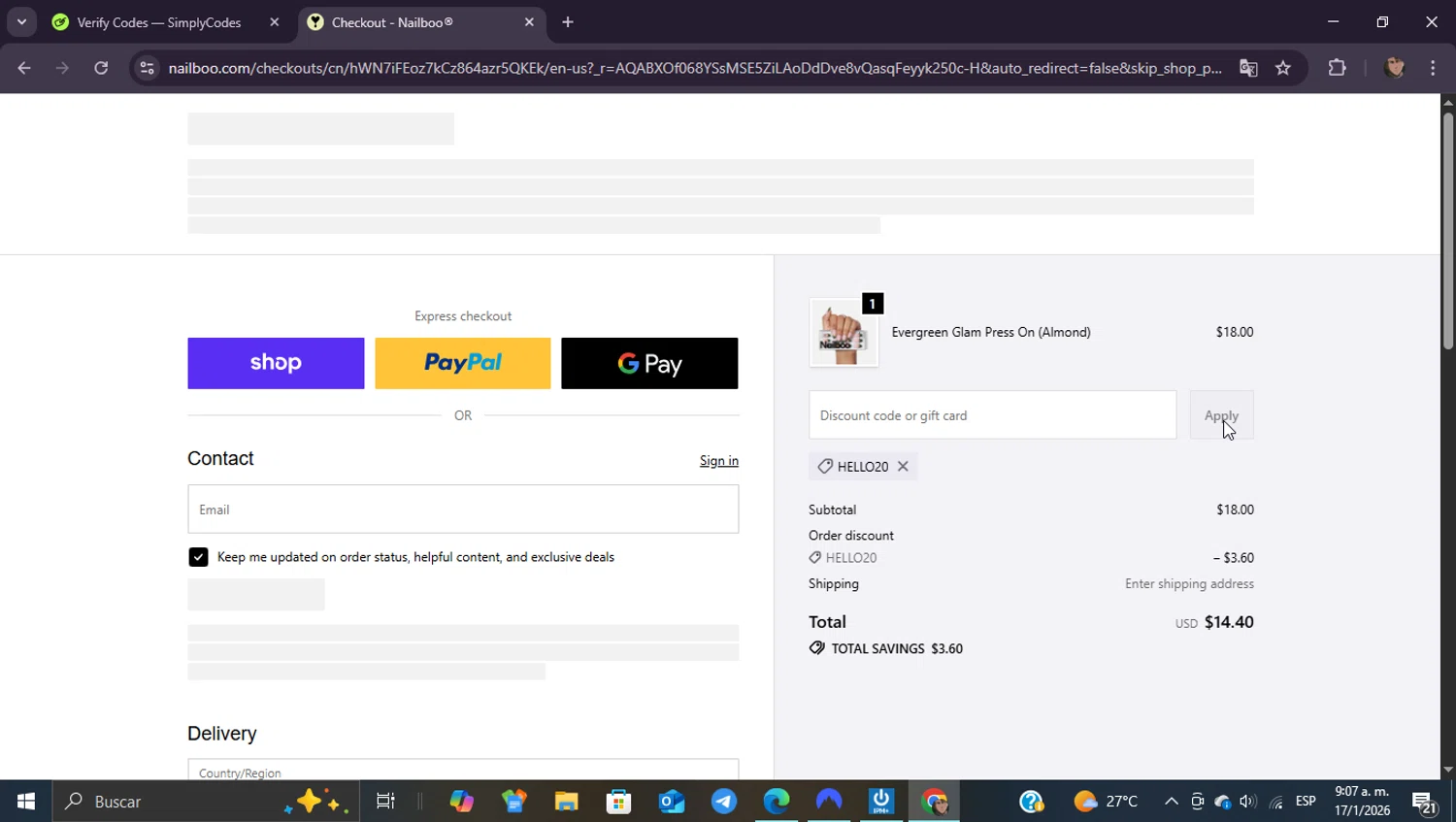 Nailboo promo code screenshot showing code HELLO20 applied at Nailboo checkout page. Uploaded by SimplyCodes community member ShieldEagle9436 on Jan 17, 2026