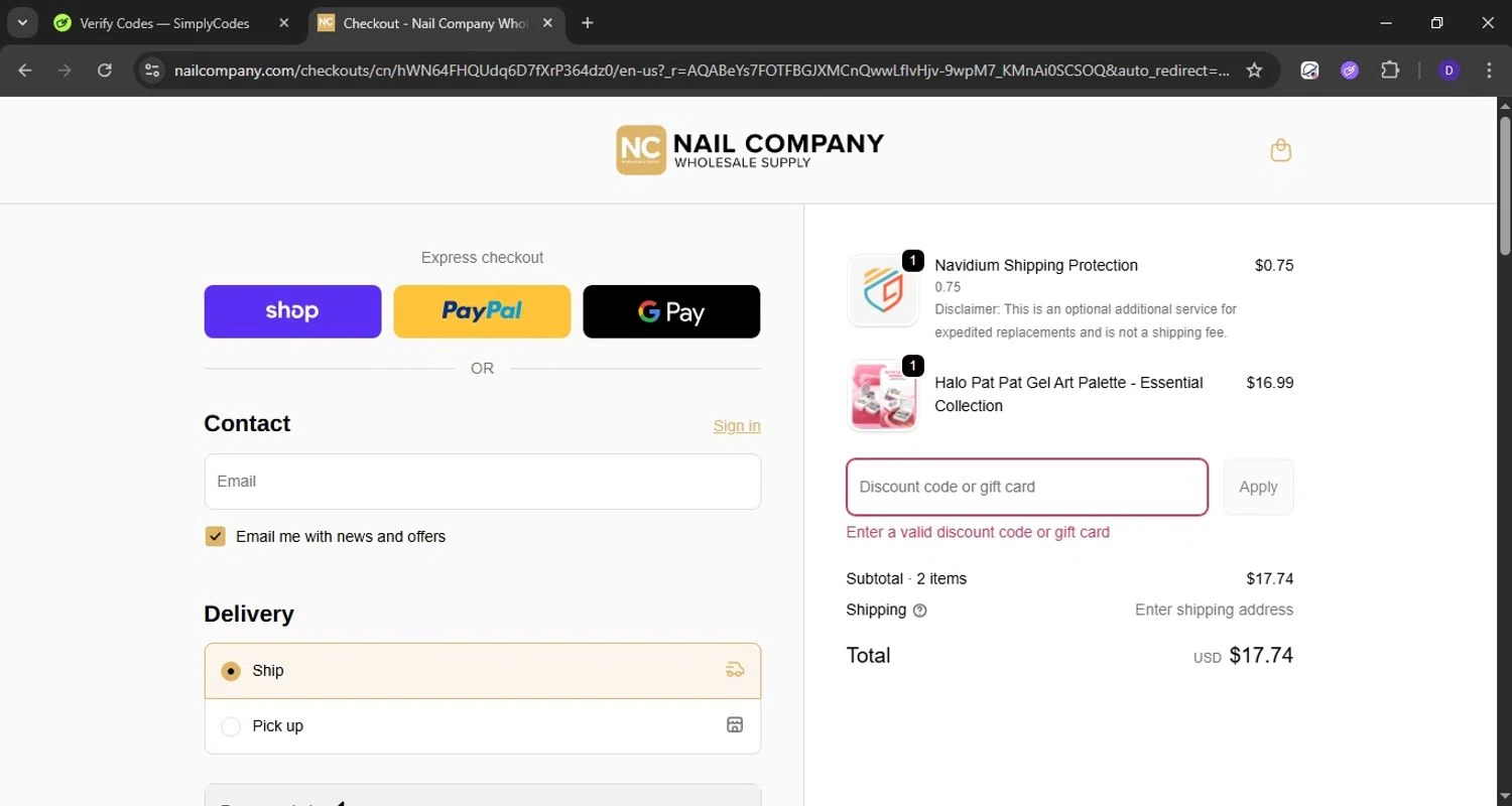 Nail Company discount code screenshot showing code BFCM10 applied at Nail Company checkout page. Uploaded by SimplyCodes community member Obito6245825041527 on Dec 5, 2025