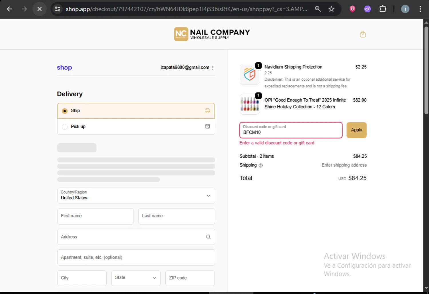 Nail Company discount code screenshot showing code BFCM10 applied at Nail Company checkout page. Uploaded by SimplyCodes community member VictoriousCurator5776 on Dec 5, 2025