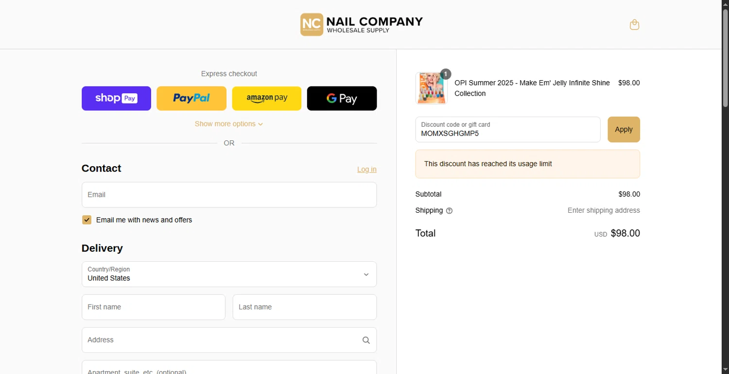Nail Company discount code screenshot showing code MOMXSGHGMP5 applied at Nail Company checkout page. Uploaded by SimplyCodes community member ShieldLion4225 on May 20, 2025