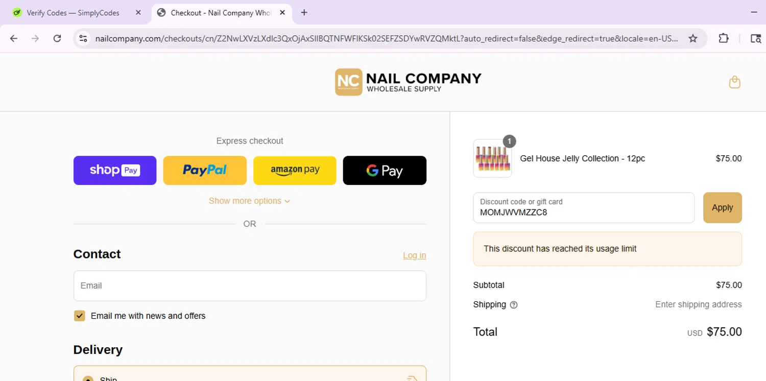 Nail Company discount code screenshot showing code MOMJWVMZZC8 applied at Nail Company checkout page. Uploaded by SimplyCodes community member EnmanuelEDITOR on Jun 21, 2025