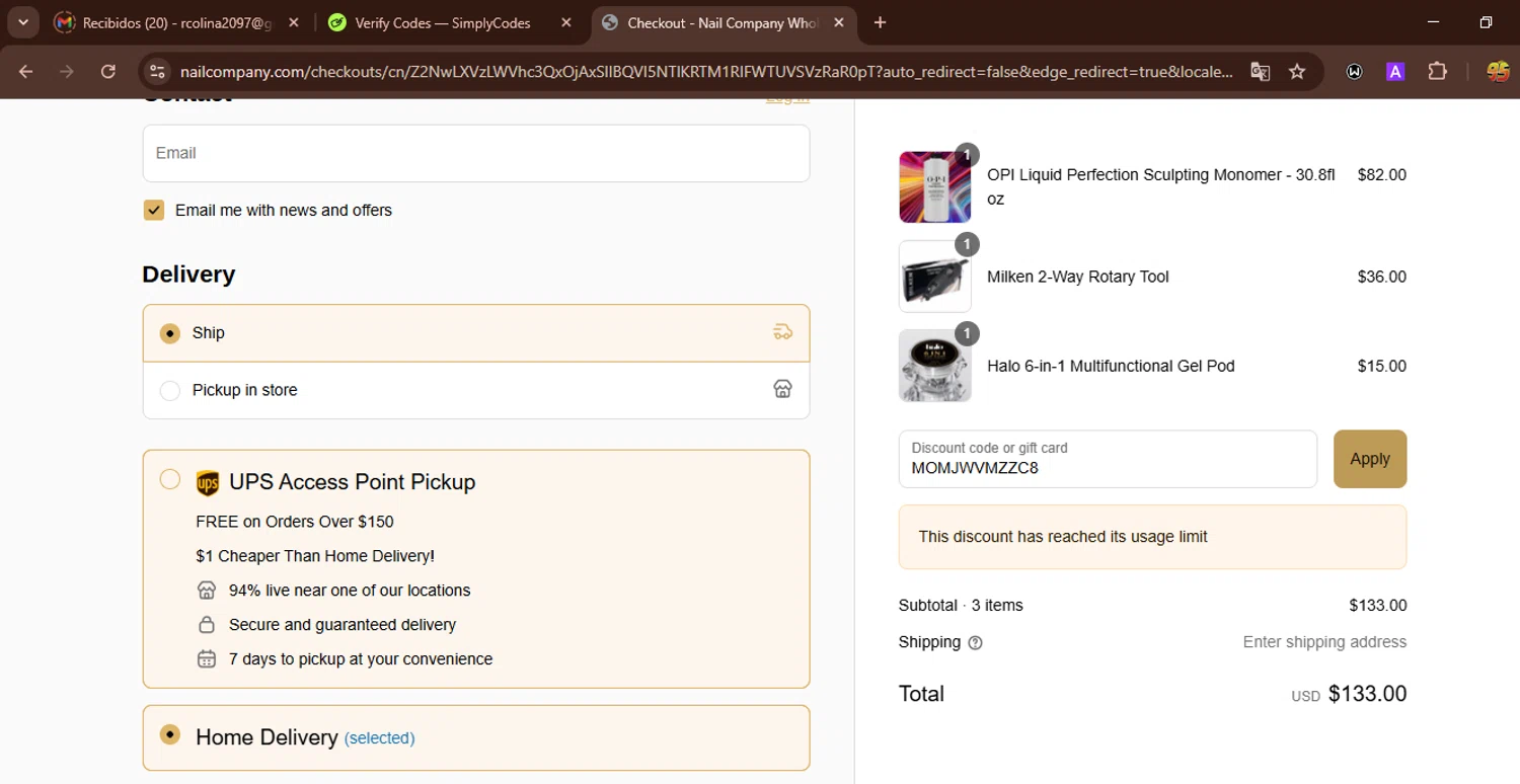 Nail Company discount code screenshot showing code MOMJWVMZZC8 applied at Nail Company checkout page. Uploaded by SimplyCodes community member WonderWarden594 on Jun 21, 2025