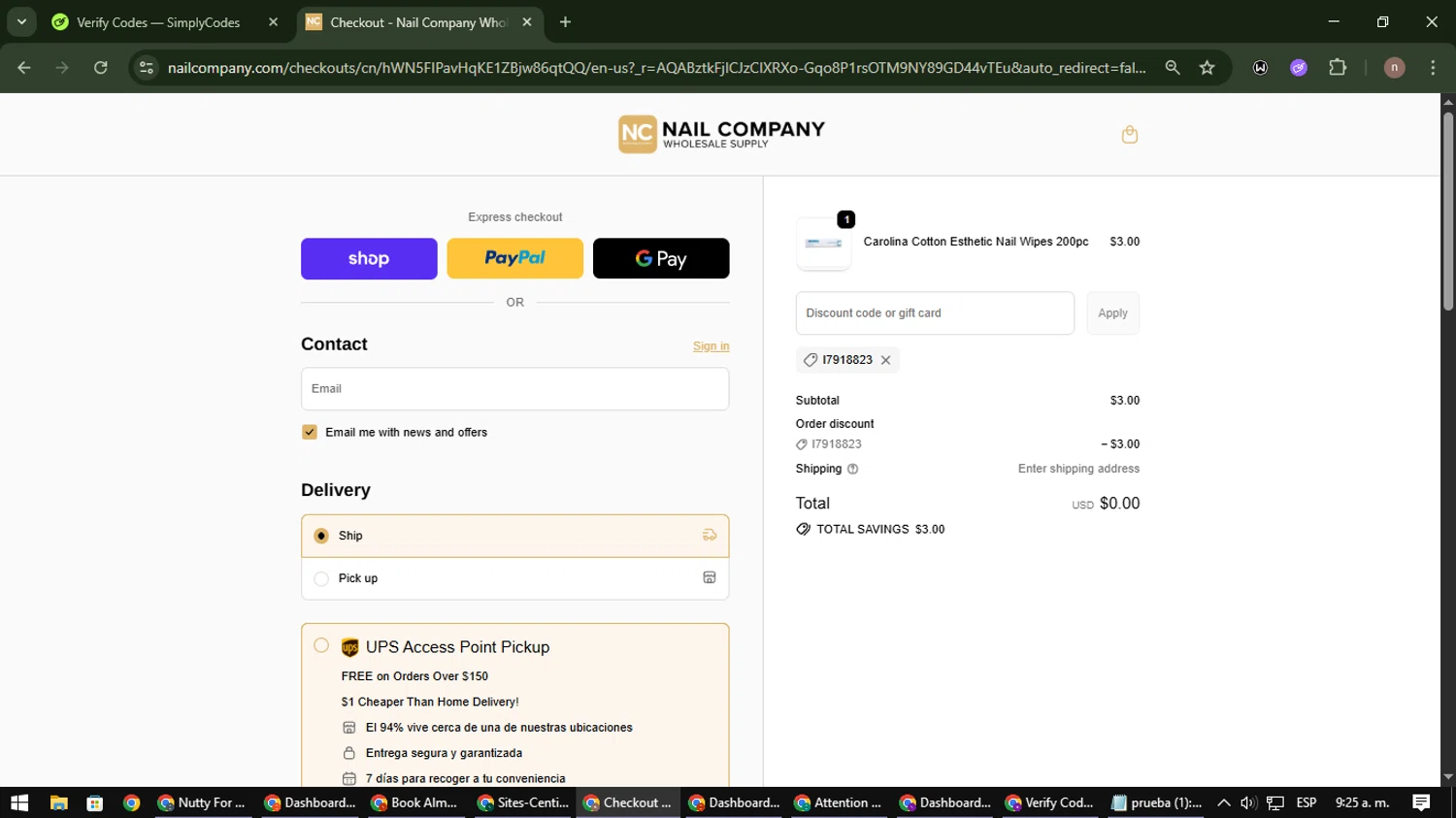 Nail Company discount code screenshot showing code I7918823 applied at Nail Company checkout page. Uploaded by SimplyCodes community member SmartWarden8713 on Nov 13, 2025