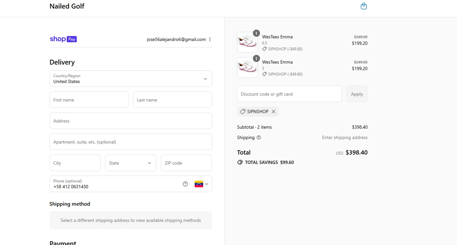 Nailed Golf promo code screenshot showing code SipNShop applied at Nailed Golf checkout page. Uploaded by SimplyCodes community member D_9278 on Aug 16, 2025
