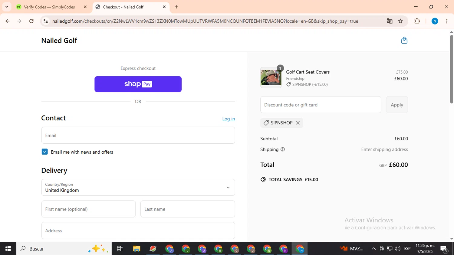Nailed Golf promo code screenshot showing code SipNShop applied at Nailed Golf checkout page. Uploaded by SimplyCodes community member CoinHawk678 on May 8, 2025