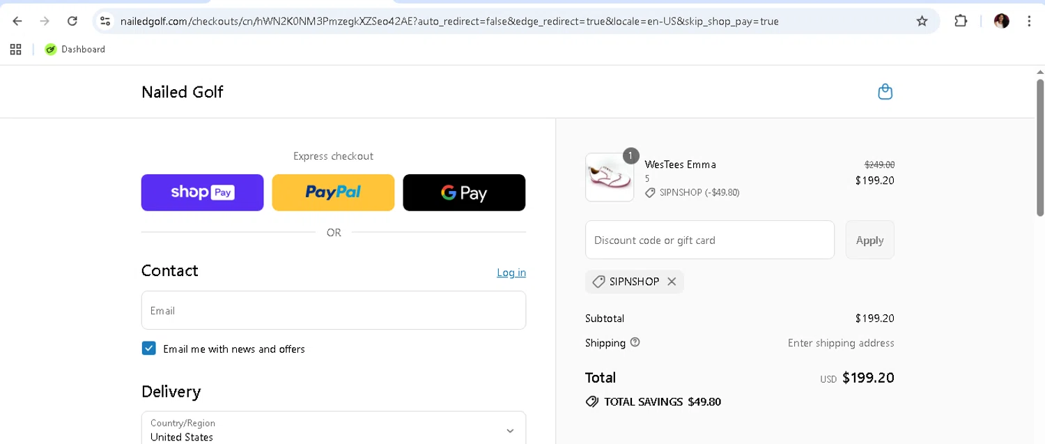 Nailed Golf promo code screenshot showing code SipNShop applied at Nailed Golf checkout page. Uploaded by SimplyCodes community member monicacaraballo on Aug 28, 2025