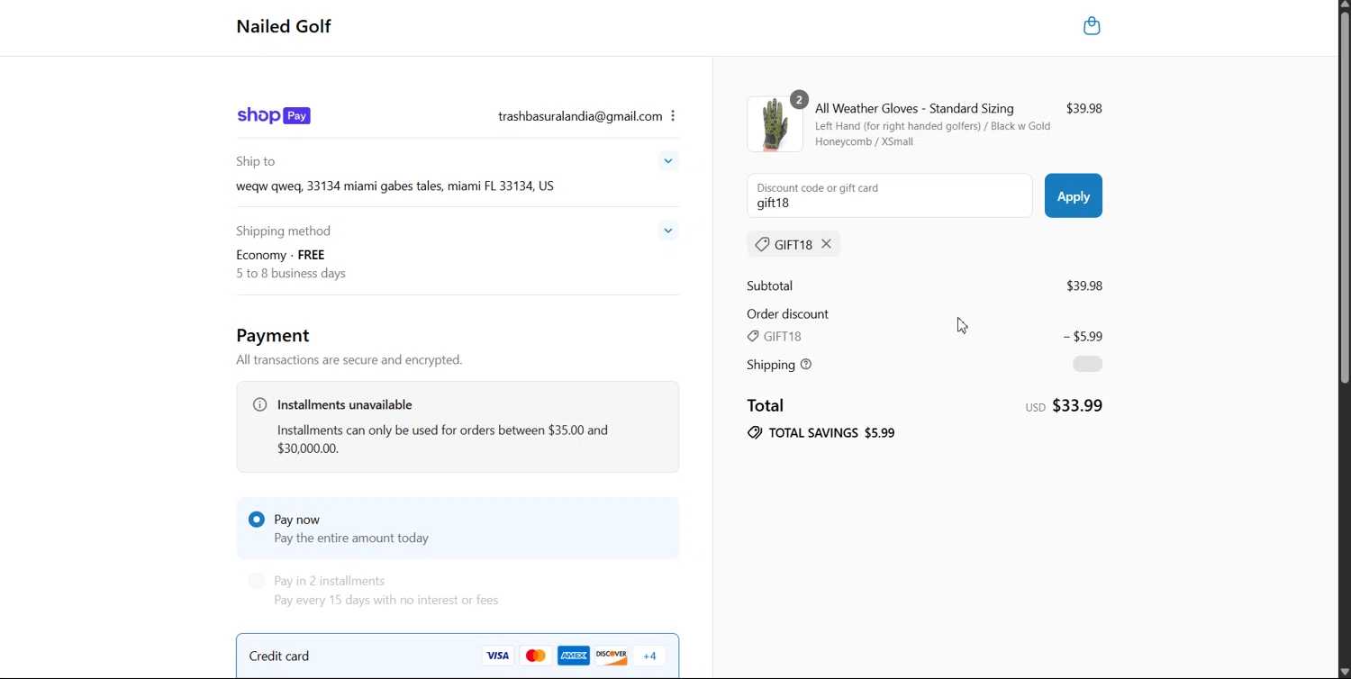 Nailed Golf promo code screenshot showing code gift18 applied at Nailed Golf checkout page. Uploaded by SimplyCodes community member Lulalula on Jul 24, 2025