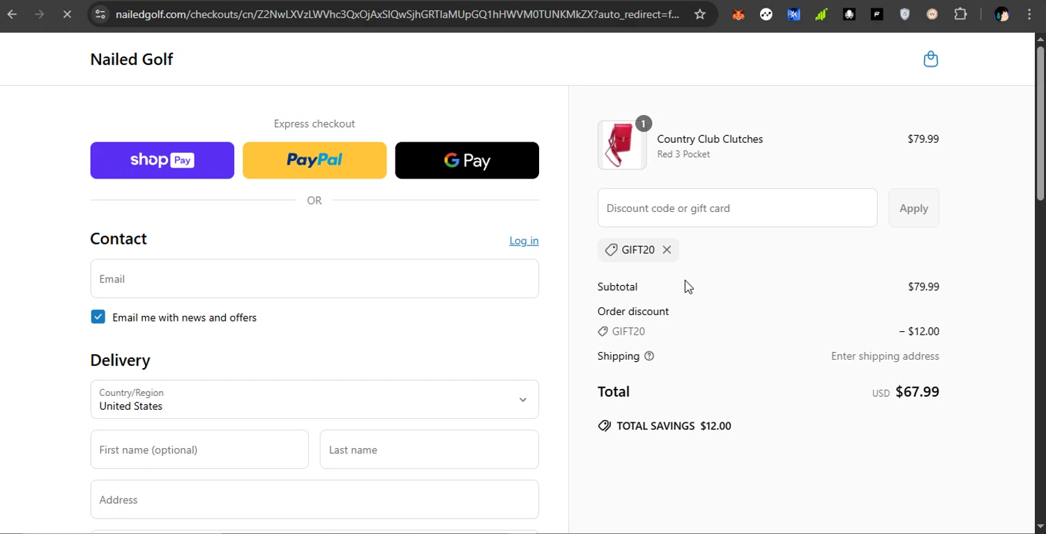 Nailed Golf promo code screenshot showing code gift20 applied at Nailed Golf checkout page. Uploaded by SimplyCodes community member PrimeShopper6600 on Apr 29, 2025