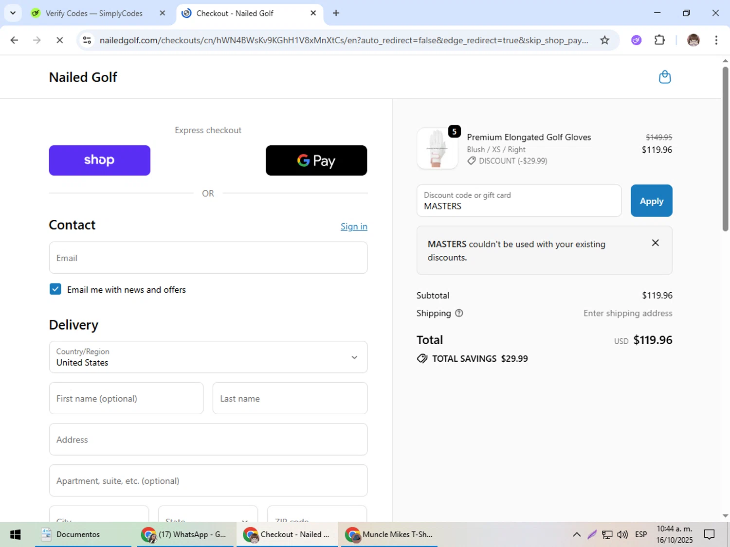 Nailed Golf promo code screenshot showing code MASTERS applied at Nailed Golf checkout page. Uploaded by SimplyCodes community member Jepsii on Oct 16, 2025