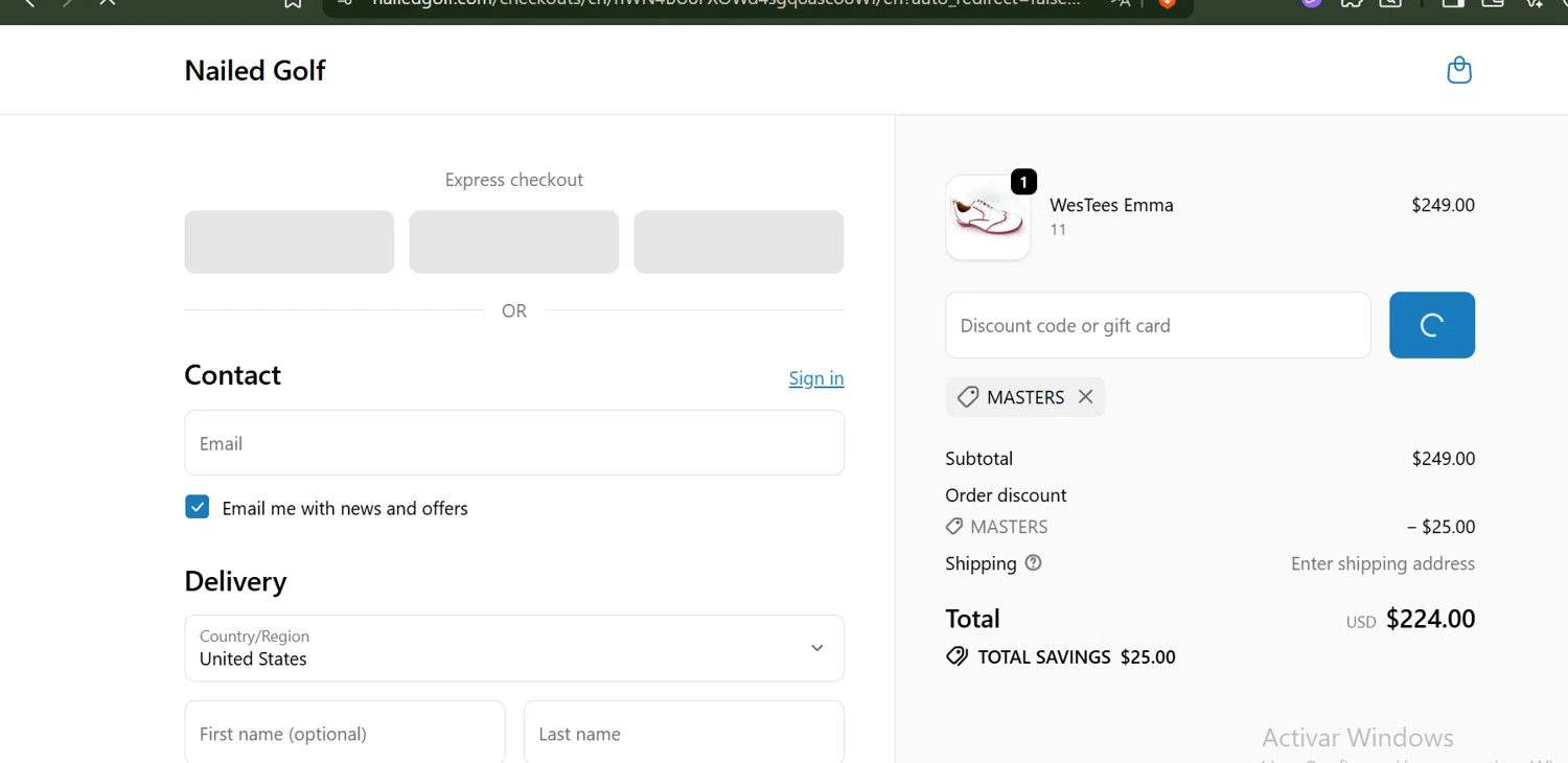Nailed Golf promo code screenshot showing code MASTERS applied at Nailed Golf checkout page. Uploaded by SimplyCodes community member SwiftLynx6587 on Oct 16, 2025