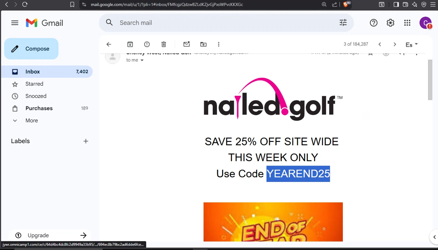 Nailed Golf promo code screenshot showing code YEAREND25 applied at Nailed Golf checkout page. Uploaded by SimplyCodes community member crischidy25 on Dec 26, 2025
