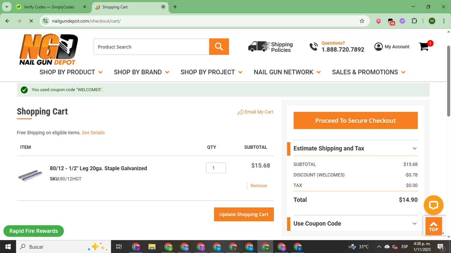 Nail Gun Depot coupon code screenshot showing code WELCOME5 applied at Nail Gun Depot checkout page. Uploaded by SimplyCodes community member CoinSage7057 on Nov 1, 2025