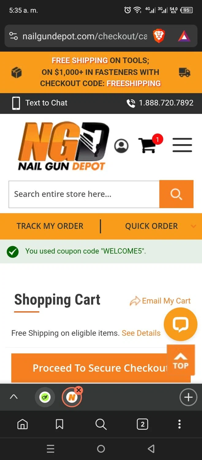 Nail Gun Depot coupon code screenshot showing code WELCOME5 applied at Nail Gun Depot checkout page. Uploaded by SimplyCodes community member FrugalSpotter7217 on Apr 16, 2025
