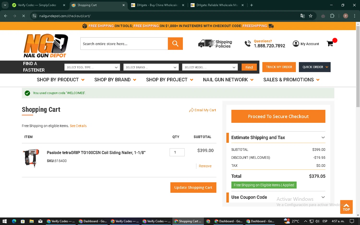 Nail Gun Depot coupon code screenshot showing code WELCOME5 applied at Nail Gun Depot checkout page. Uploaded by SimplyCodes community member RoyalSleuth6331 on Feb 5, 2025