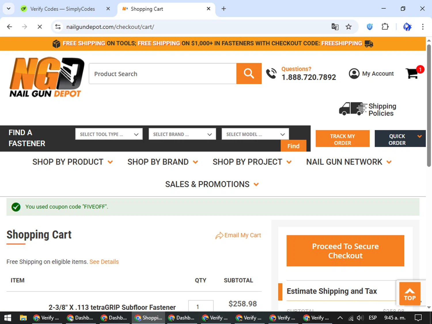 Nail Gun Depot coupon code screenshot showing code FIVEOFF applied at Nail Gun Depot checkout page. Uploaded by SimplyCodes community member WiseHunter8213 on Nov 25, 2025