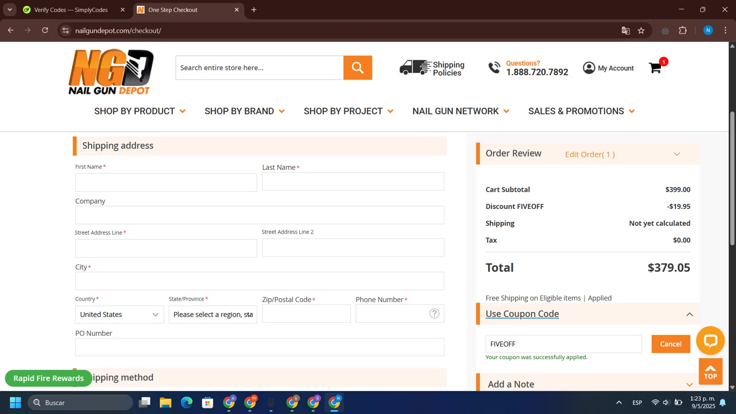 Nail Gun Depot coupon code screenshot showing code FIVEOFF applied at Nail Gun Depot checkout page. Uploaded by SimplyCodes community member WiseVoyager1656 on May 9, 2025