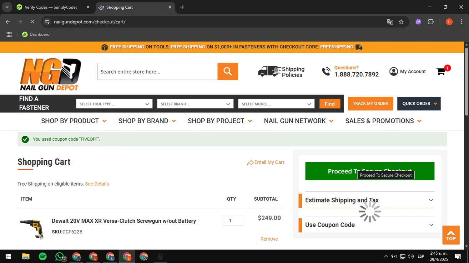 Nail Gun Depot coupon code screenshot showing code FIVEOFF applied at Nail Gun Depot checkout page. Uploaded by SimplyCodes community member luissdbv4 on Apr 29, 2025