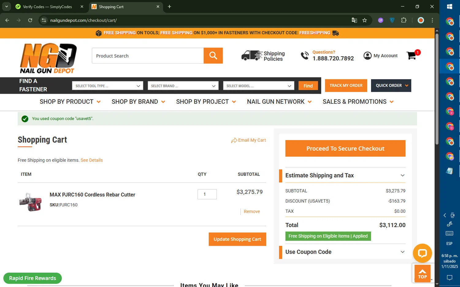 Nail Gun Depot coupon code screenshot showing code usavet5 applied at Nail Gun Depot checkout page. Uploaded by SimplyCodes community member CashMaverick8128 on Nov 1, 2025