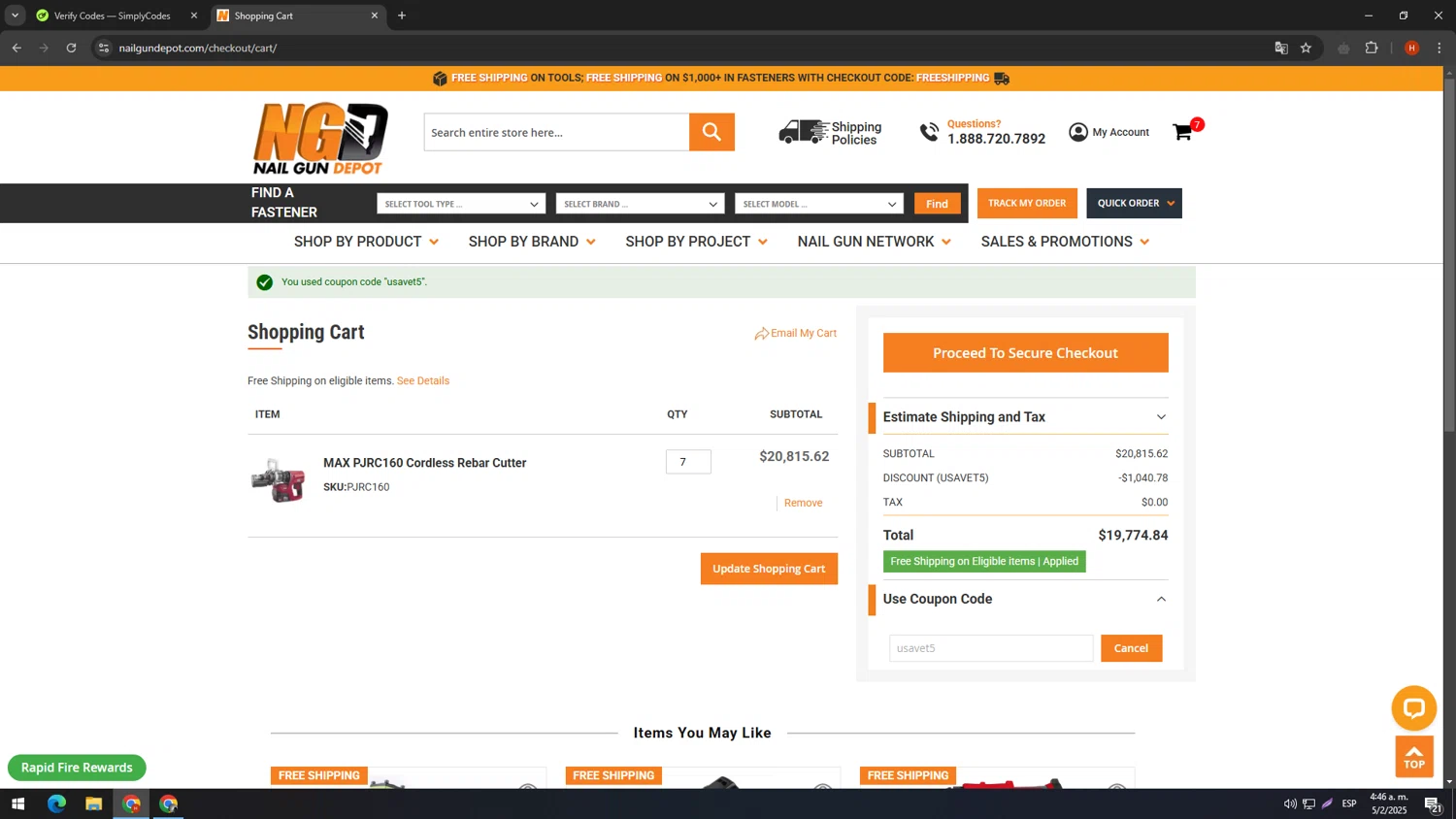 Nail Gun Depot coupon code screenshot showing code usavet5 applied at Nail Gun Depot checkout page. Uploaded by SimplyCodes community member usename on Feb 5, 2025