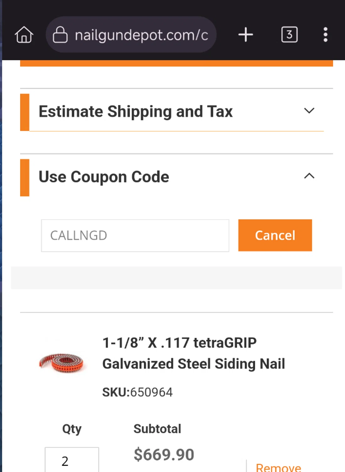 Nail Gun Depot coupon code screenshot showing code CALLNGD applied at Nail Gun Depot checkout page. Uploaded by SimplyCodes community member Diego_Soto on Sep 9, 2025