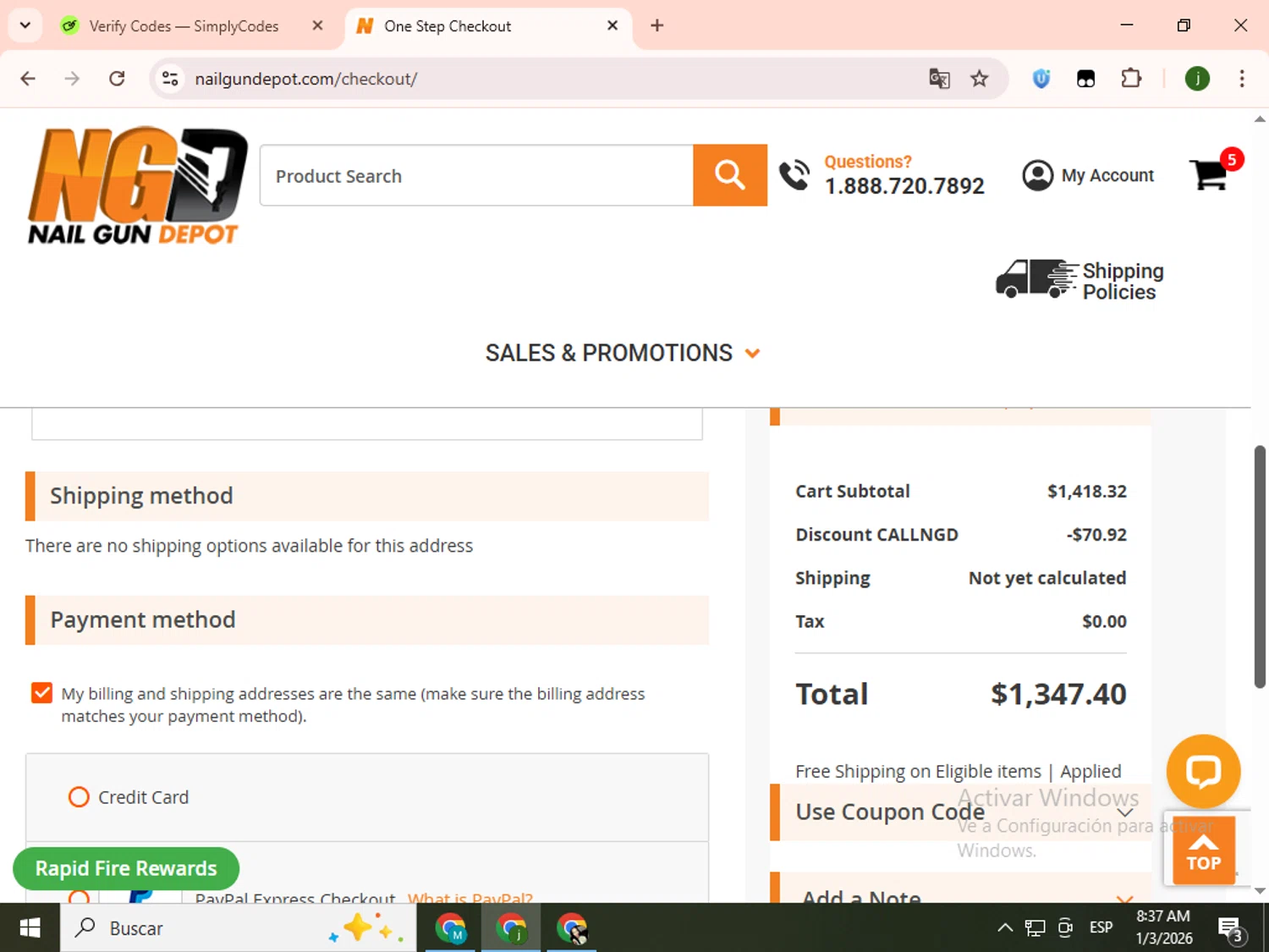 Nail Gun Depot coupon code screenshot showing code CALLNGD applied at Nail Gun Depot checkout page. Uploaded by SimplyCodes community member SavingsCollector2592 on Jan 3, 2026